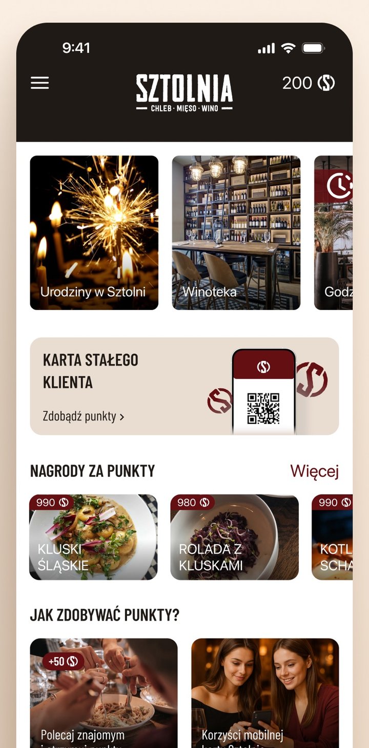 Aplikacja Sztolnia — karta stałego klienta z punktami i nagrodami